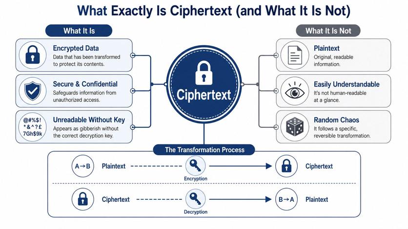 An infographic titled What Exactly Is Ciphertext illustrating its definition, security benefits, transformation process, and misconceptions.