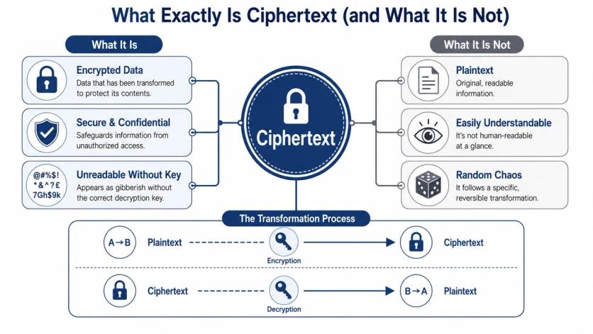 An infographic titled What Exactly Is Ciphertext illustrating its definition, security benefits, transformation process, and misconceptions.