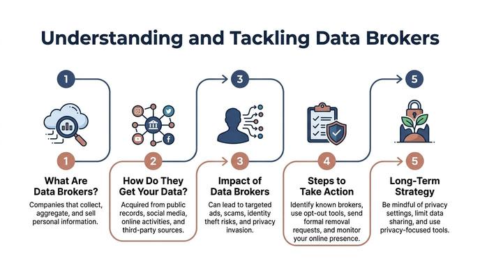 A five-step infographic explaining how data brokers collect personal information and how to protect your online privacy.