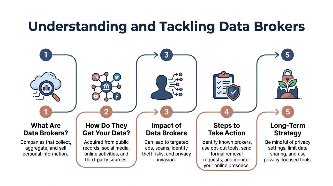A five-step infographic explaining how data brokers collect personal information and how to protect your online privacy.