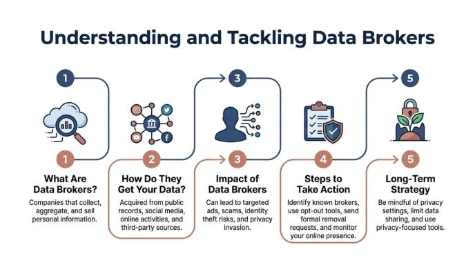 A five-step infographic explaining how data brokers collect personal information and how to protect your online privacy.
