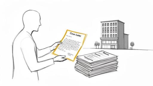 A person holds a cover letter, with a stack of resumes and an office building representing job applications.