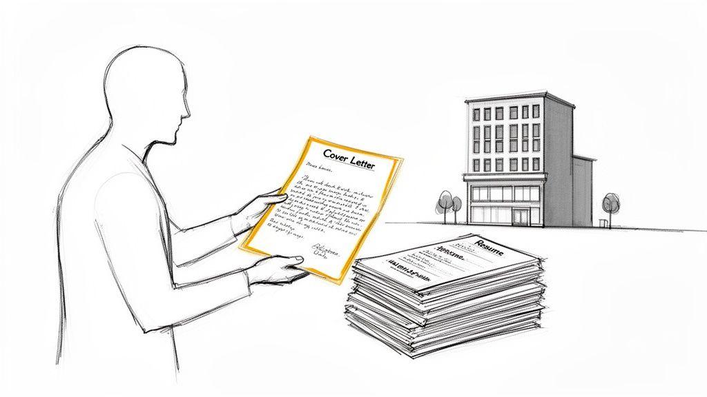 A person holds a cover letter, with a stack of resumes and an office building representing job applications.
