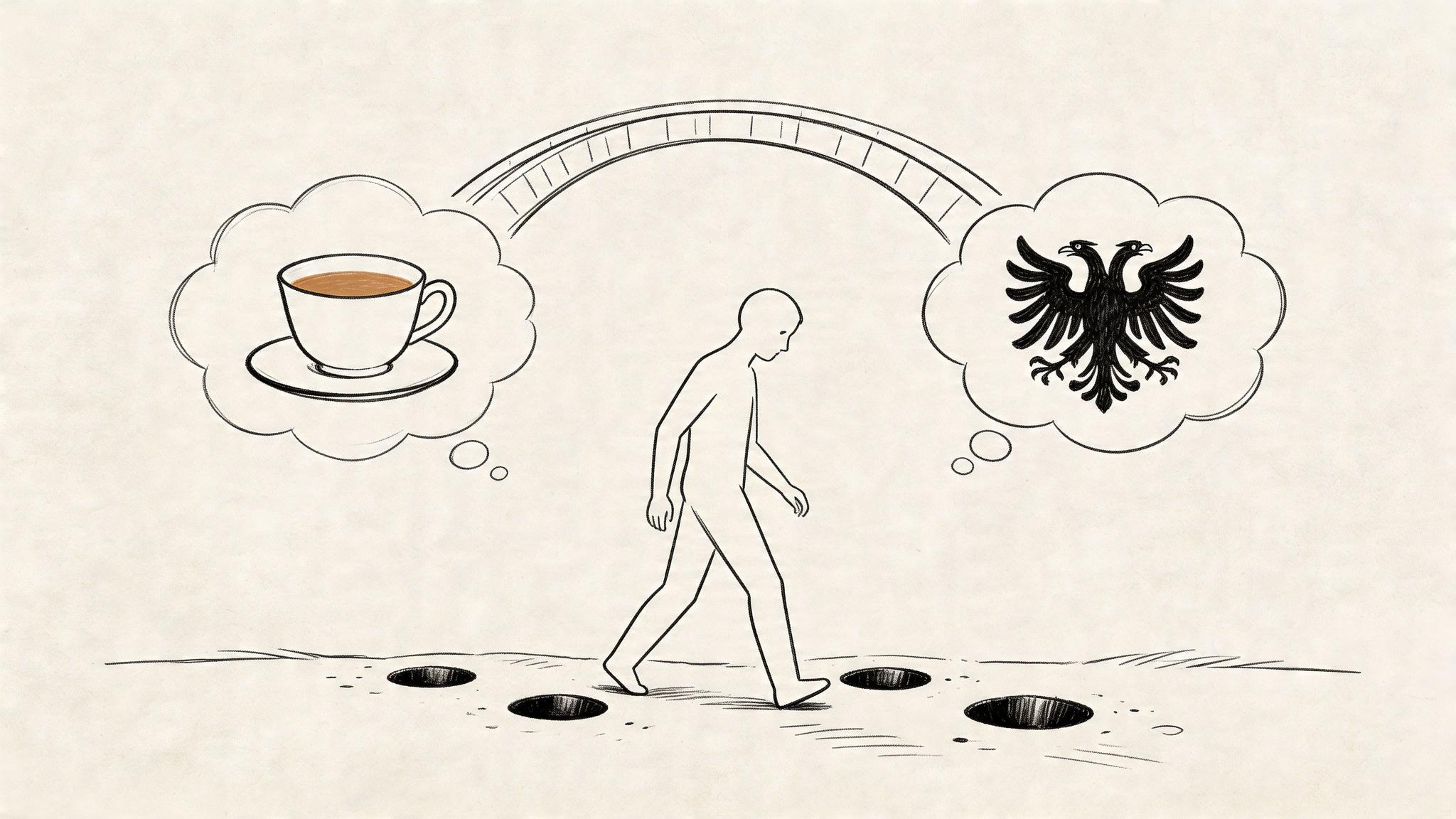 A conceptual line drawing of a person walking between thoughts of coffee and an eagle emblem.