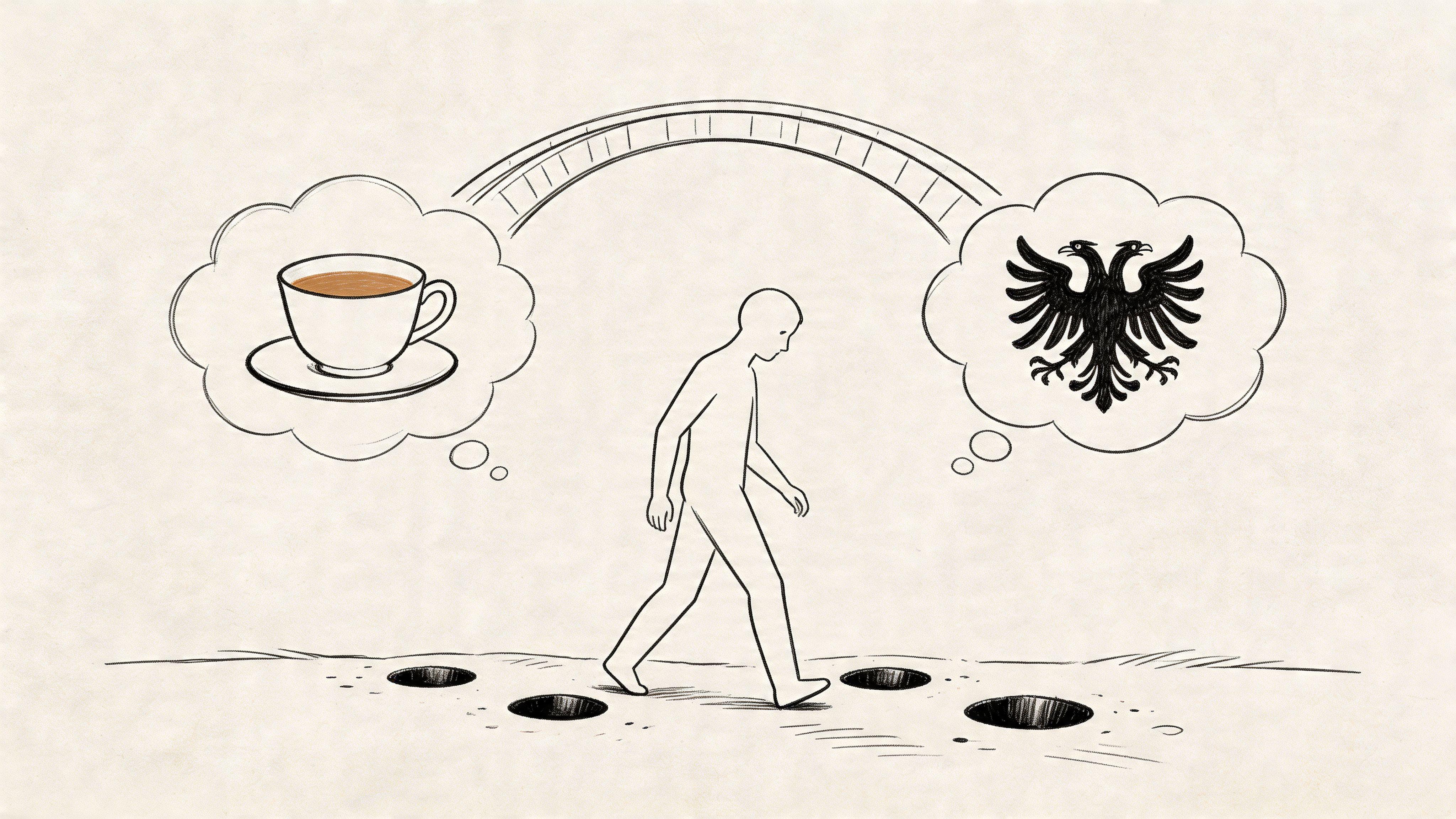 A conceptual line drawing of a person walking between thoughts of coffee and an eagle emblem.