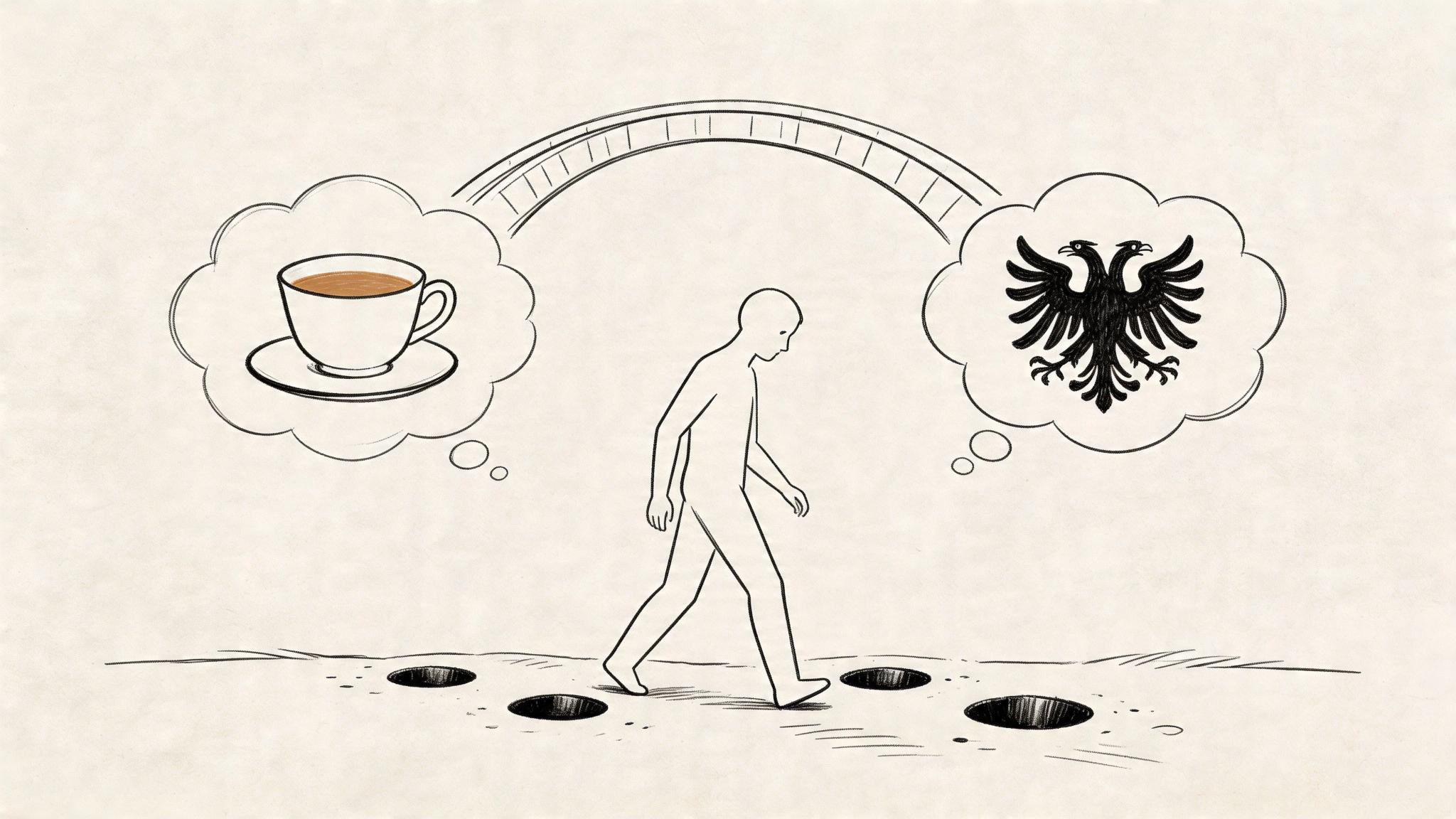 A conceptual line drawing of a person walking between thoughts of coffee and an eagle emblem.
