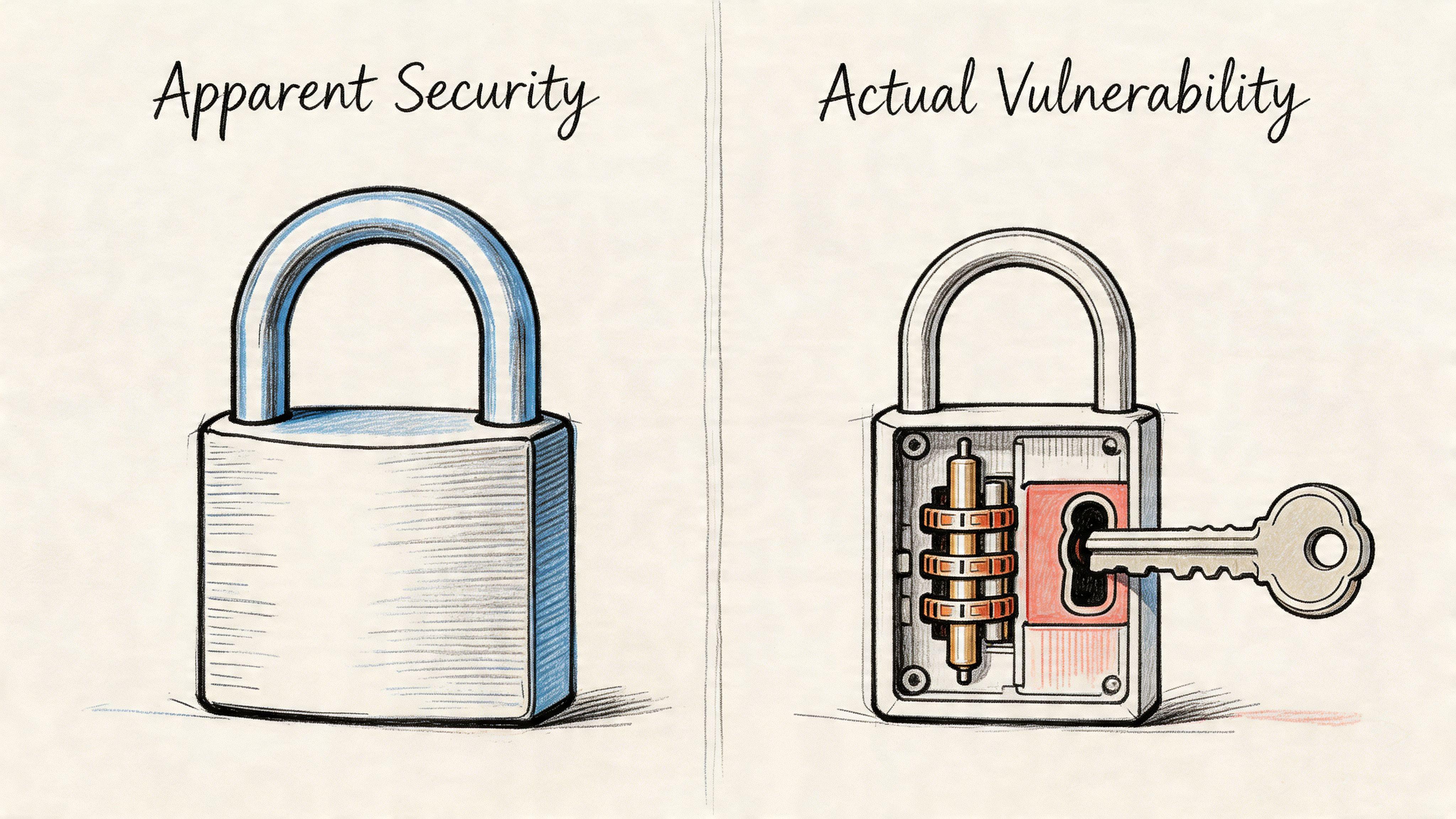An illustration comparing a standard closed padlock with its internal locking mechanism visible to show vulnerability.