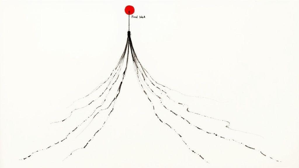 A red circle labeled 'Final Idea' at the top, with many dashed lines branching out downwards.