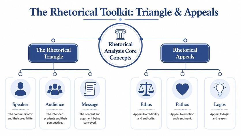 A diagram outlining the Rhetorical Toolkit, showing the Rhetorical Triangle components and the three Rhetorical Appeals.
