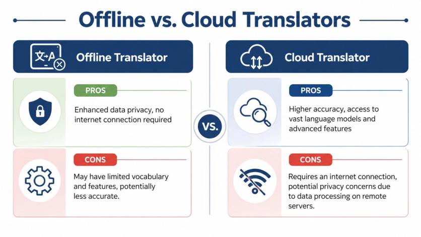 A comparison chart outlining the pros and cons of using offline versus cloud translation services.
