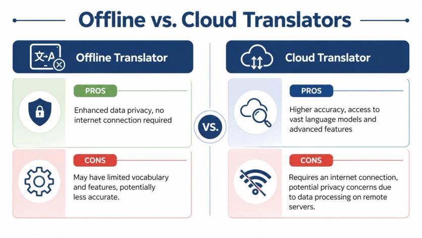 A comparison chart outlining the pros and cons of using offline versus cloud translation services.