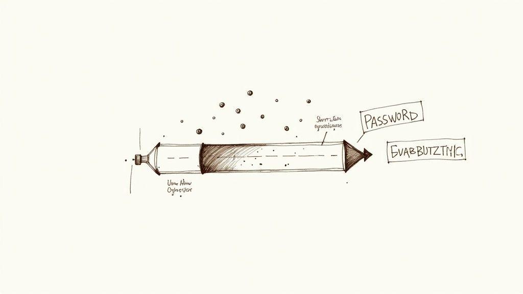Conceptual illustration showing syringe injecting password into evasive buzzing target representing security vulnerability