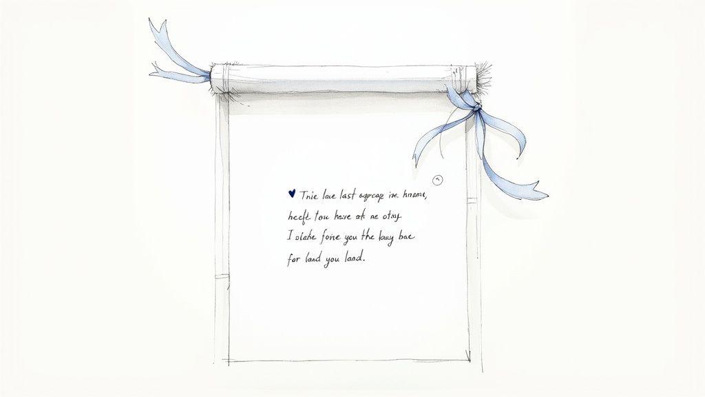Illustration of a handwritten love note on a scroll, tied with blue ribbons.