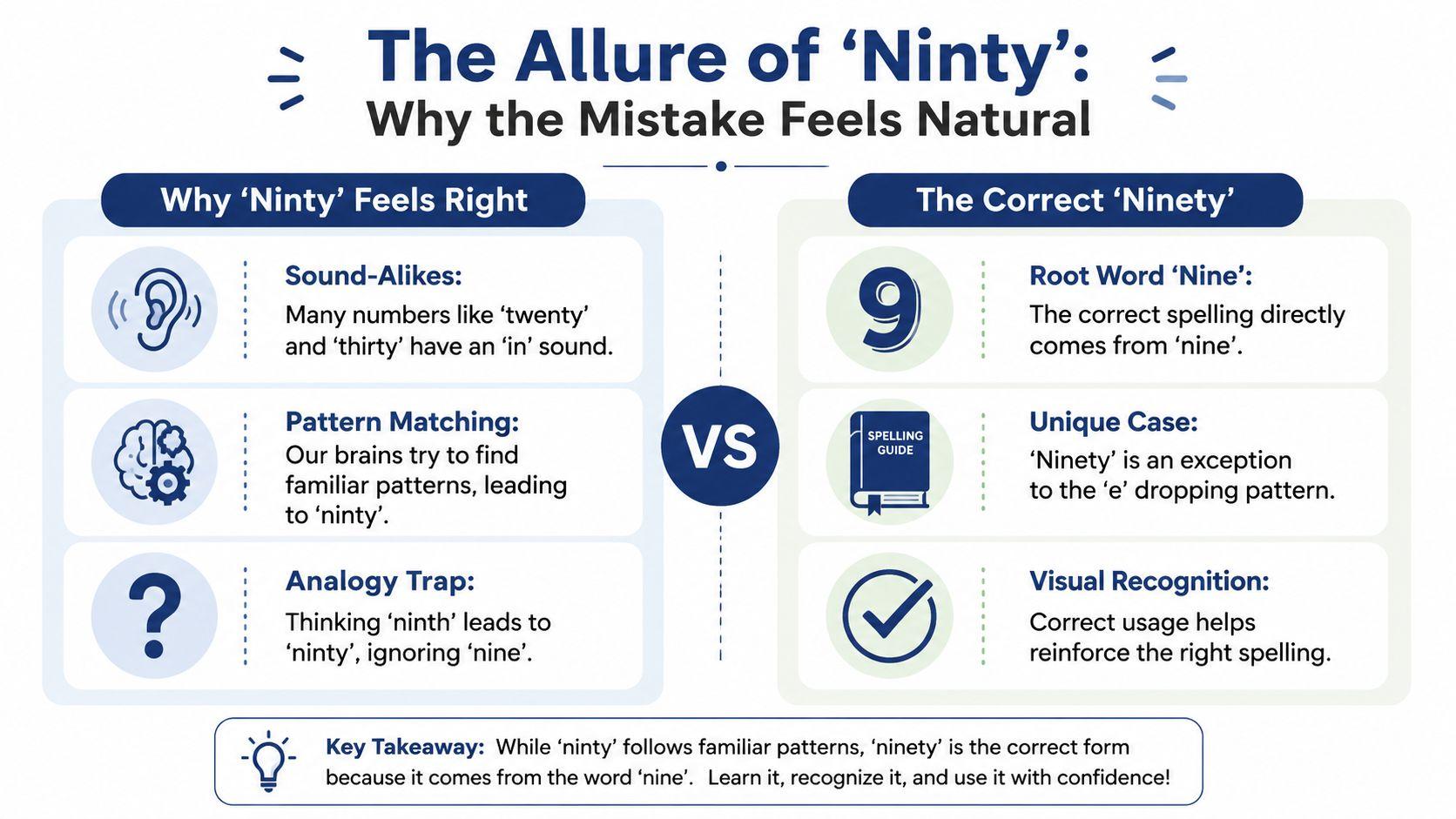 An infographic explaining why people often misspell the word ninety as ninty due to linguistic patterns.