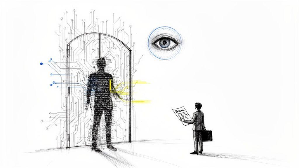 A man with a resume approaches a digital gate with a data-filled figure, overseen by a large eye.