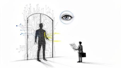 A man with a resume approaches a digital gate with a data-filled figure, overseen by a large eye.