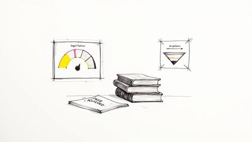 Illustrations depicting research evaluation metrics: an impact factor gauge, an acceptance funnel, and peer-reviewed literature.