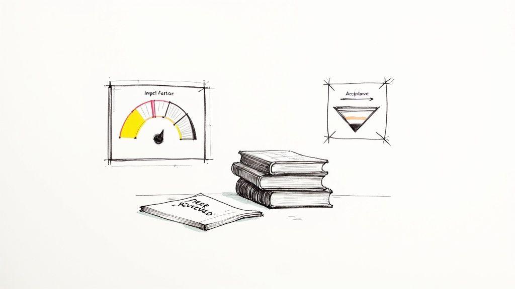 Illustrations depicting research evaluation metrics: an impact factor gauge, an acceptance funnel, and peer-reviewed literature.