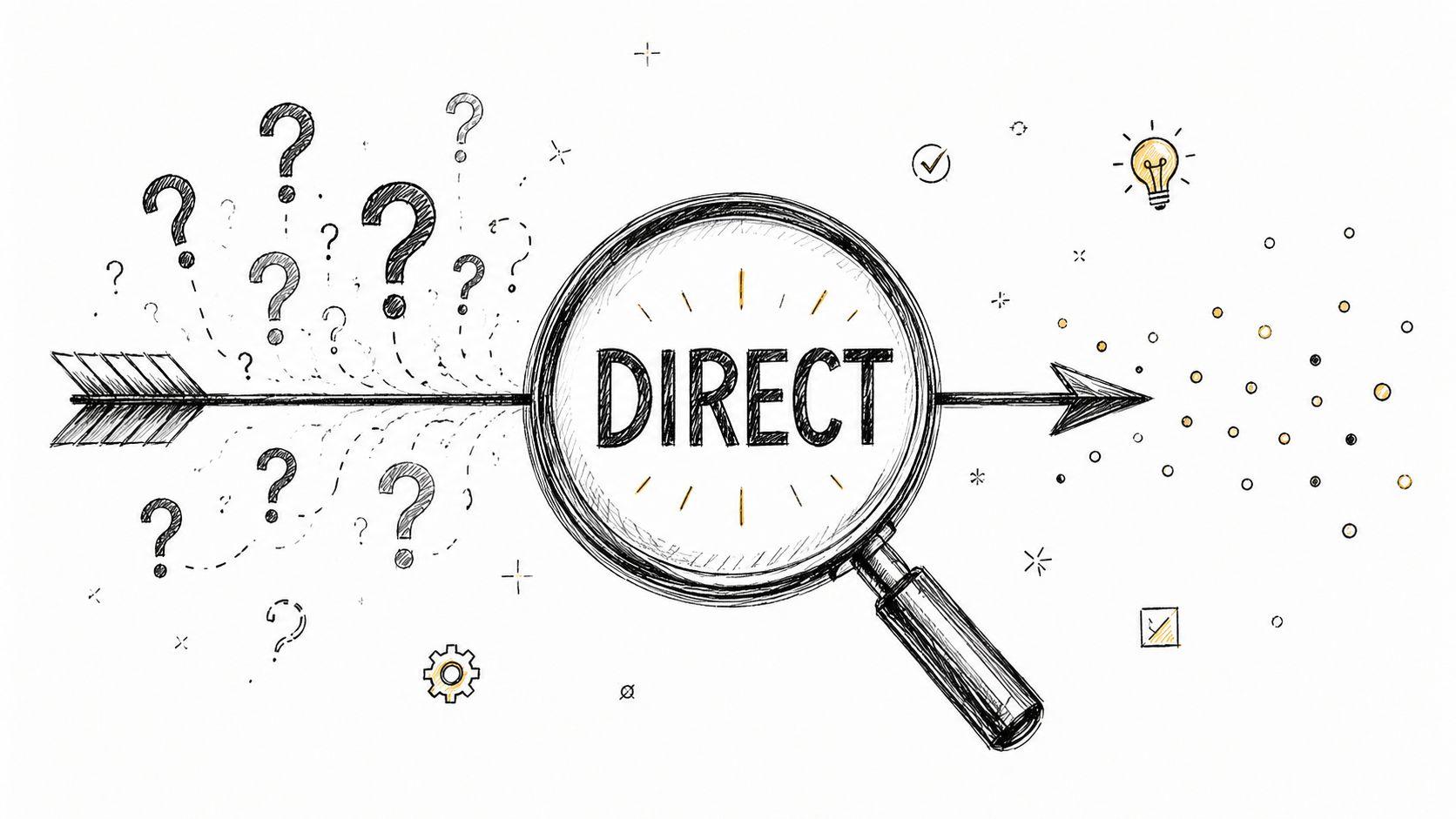 A hand-drawn illustration showing an arrow passing through a magnifying glass labeled direct, turning uncertainty into clarity.