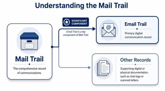 A diagram explaining the mail trail as a comprehensive record of communications, including emails and other documents.
