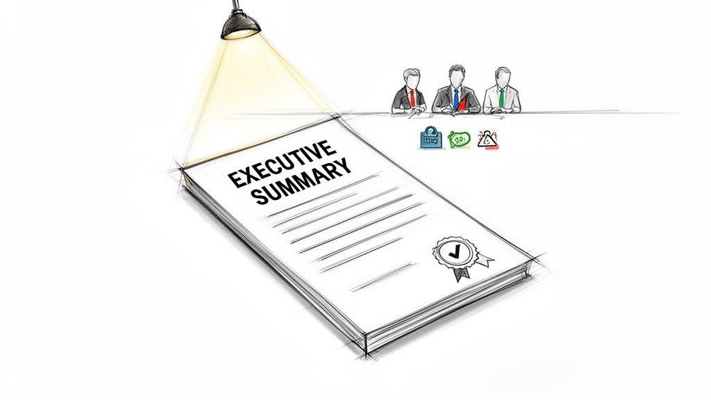 Spotlight on an executive summary document with approval, observed by businessmen and business icons.