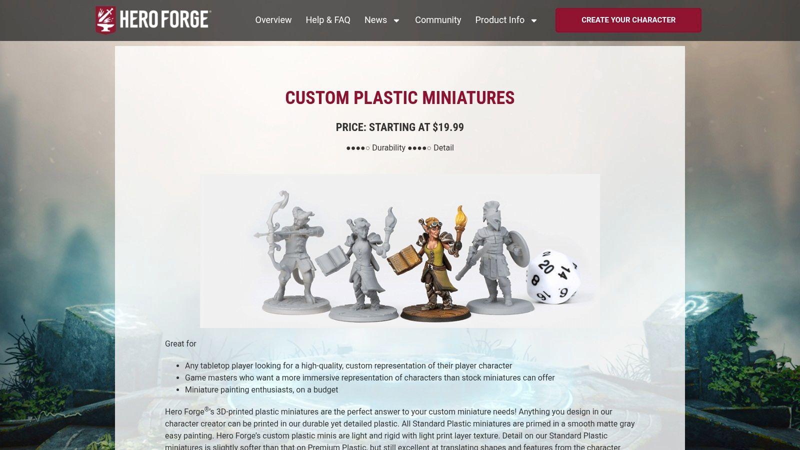 A collection of customized 3D-printed D&D miniatures created using the Hero Forge platform, showcasing a variety of fantasy races and classes.
