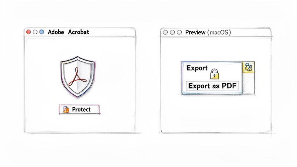 Comparing PDF security options: Adobe Acrobat's 'Protect' and macOS Preview's 'Export as PDF' with a lock icon.