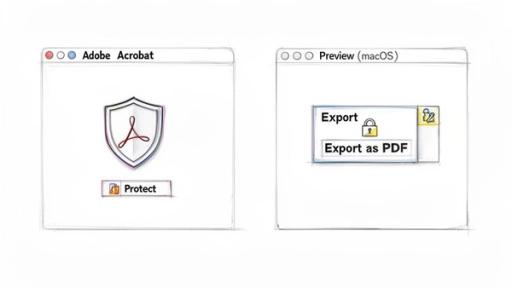 Comparing PDF security options: Adobe Acrobat's 'Protect' and macOS Preview's 'Export as PDF' with a lock icon.