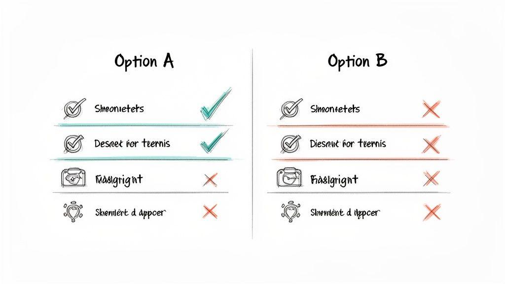A comparison checklist showing 'Option A' with two items checked and two crossed, versus 'Option B' with all items crossed.