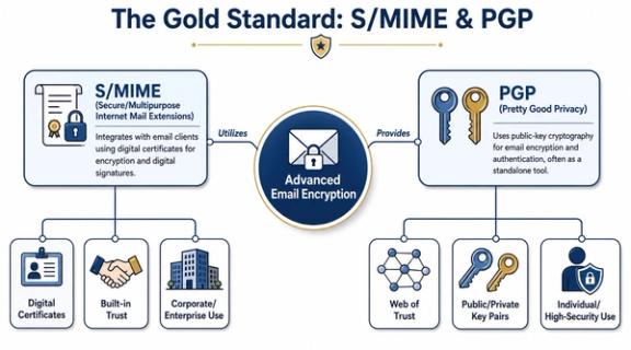 A diagram comparing S/MIME and PGP technologies for advanced email encryption, security, and digital communication methods.