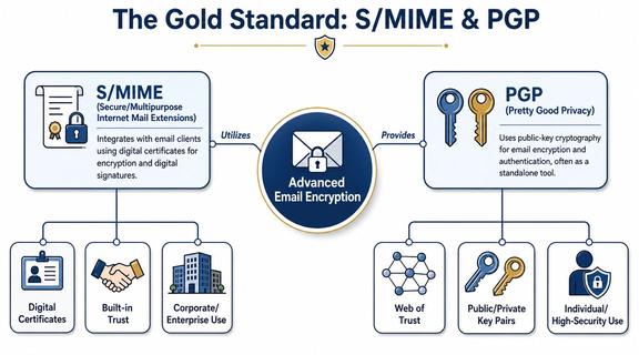 A diagram comparing S/MIME and PGP technologies for advanced email encryption, security, and digital communication methods.