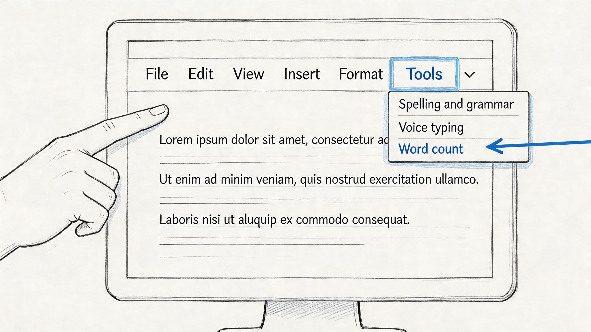A hand pointing at the Tools menu on a computer screen to select Word count in Google Docs.