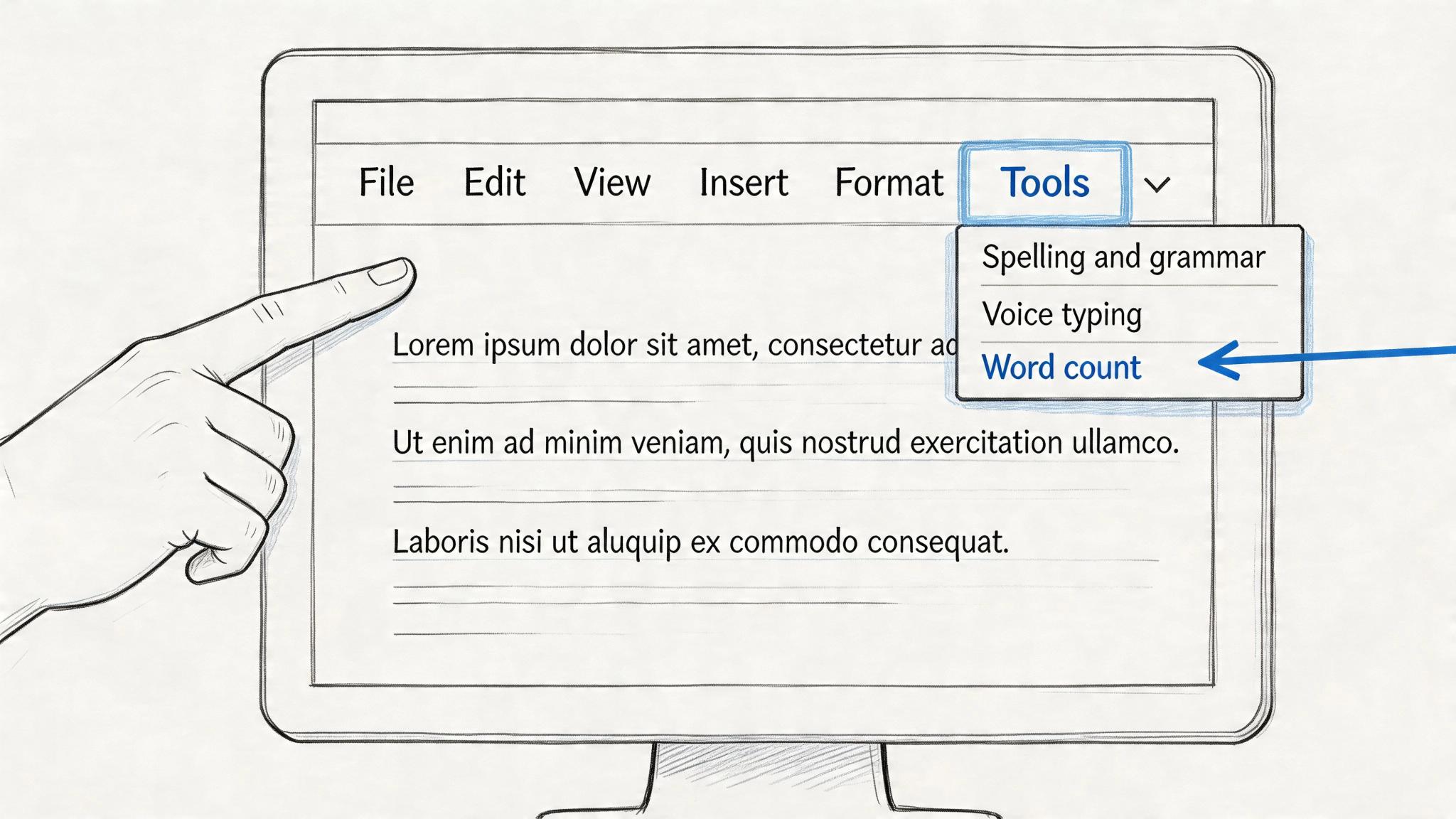 A hand pointing at the Tools menu on a computer screen to select Word count in Google Docs.