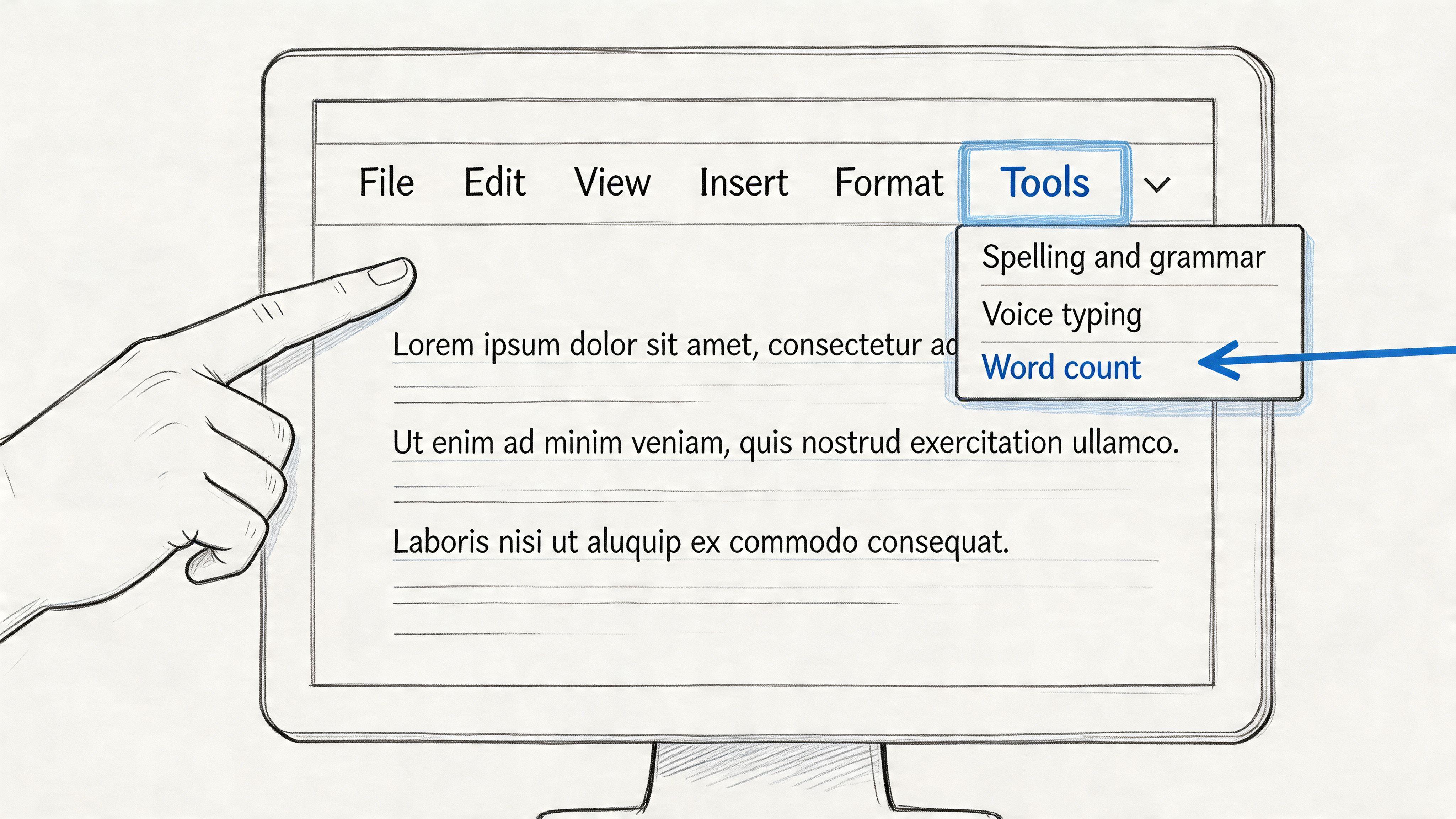 A hand pointing at the Tools menu on a computer screen to select Word count in Google Docs.