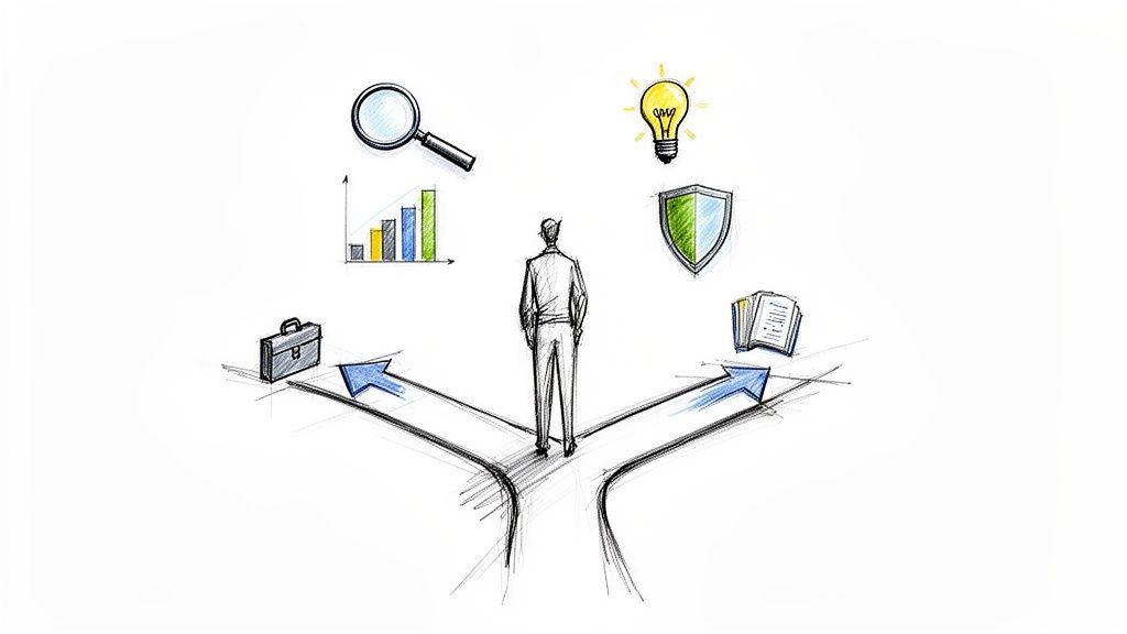 Illustration of a person at a crossroads, choosing between paths of business, research, and knowledge.