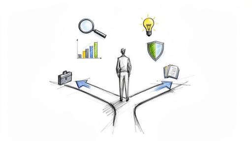 Illustration of a person at a crossroads, choosing between paths of business, research, and knowledge.