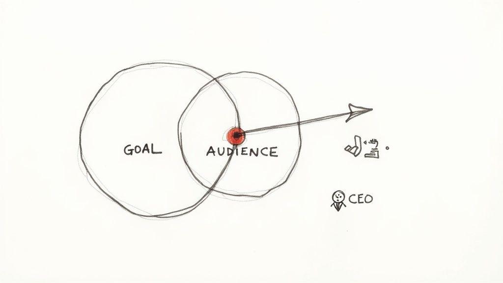 Hand-drawn diagram of overlapping 'GOAL' and 'AUDIENCE' circles, with an arrow pointing to a CEO.