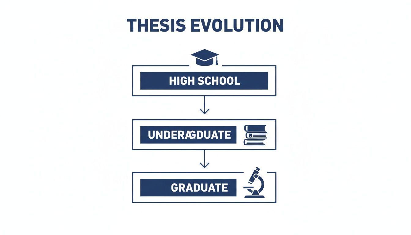 Flowchart illustrating thesis evolution from high school to graduate studies, with academic icons.