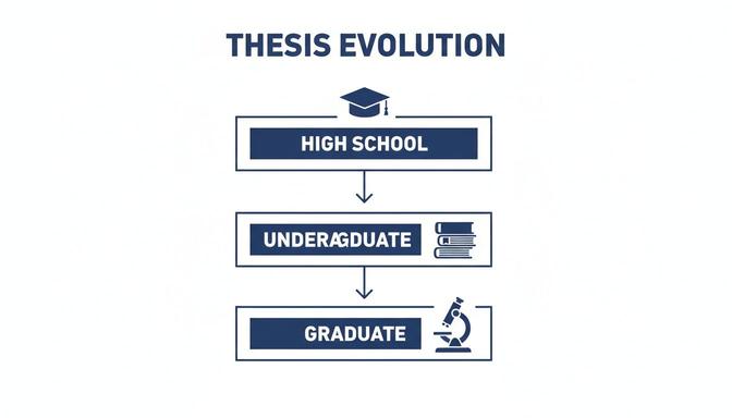 Flowchart illustrating thesis evolution from high school to graduate studies, with academic icons.