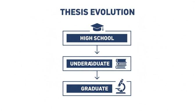 Flowchart illustrating thesis evolution from high school to graduate studies, with academic icons.
