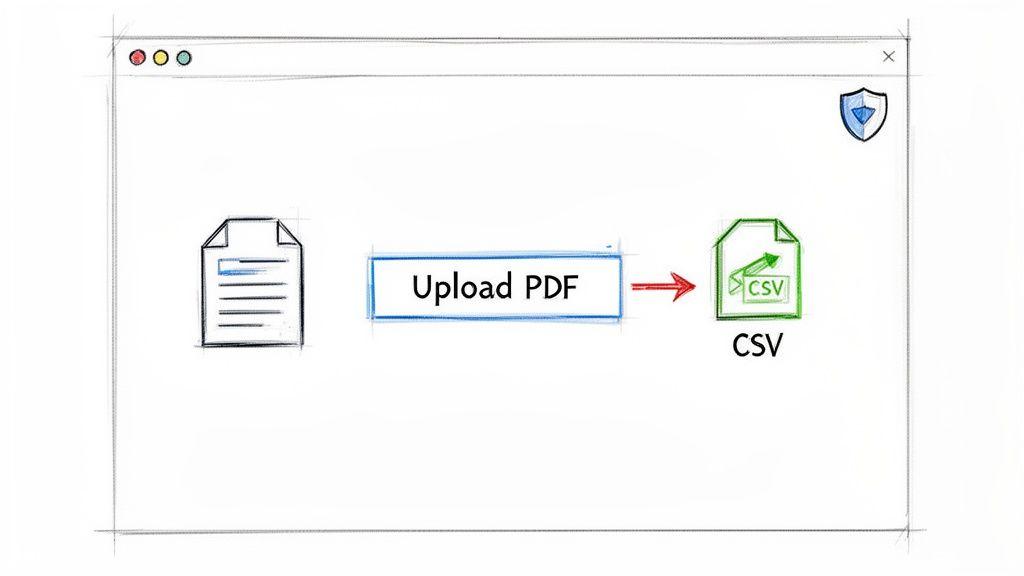 A diagram illustrates the process of converting a PDF file to a CSV spreadsheet online.