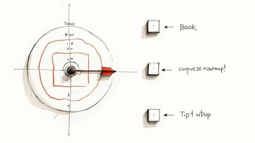 Hand-drawn target diagram with an arrow, 'Thesis' label, and three blocks: 'Book', 'roadmap', 'Tipt wtop'.