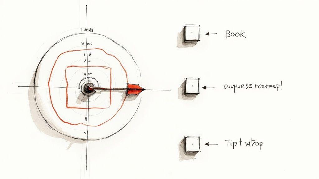Hand-drawn target diagram with an arrow, 'Thesis' label, and three blocks: 'Book', 'roadmap', 'Tipt wtop'.