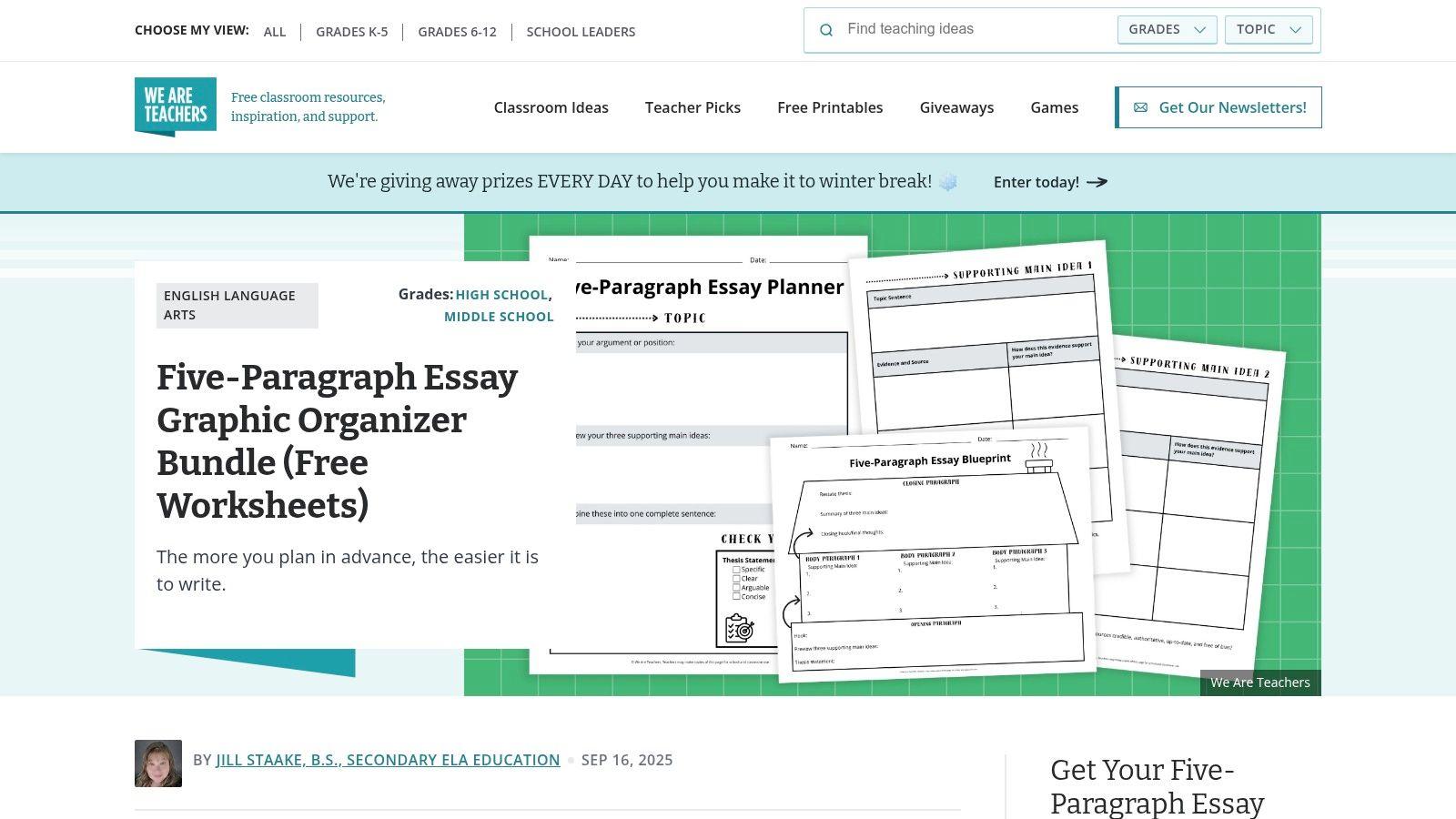A five-paragraph essay graphic organizer from WeAreTeachers showing boxes for introduction, body paragraphs, and conclusion.