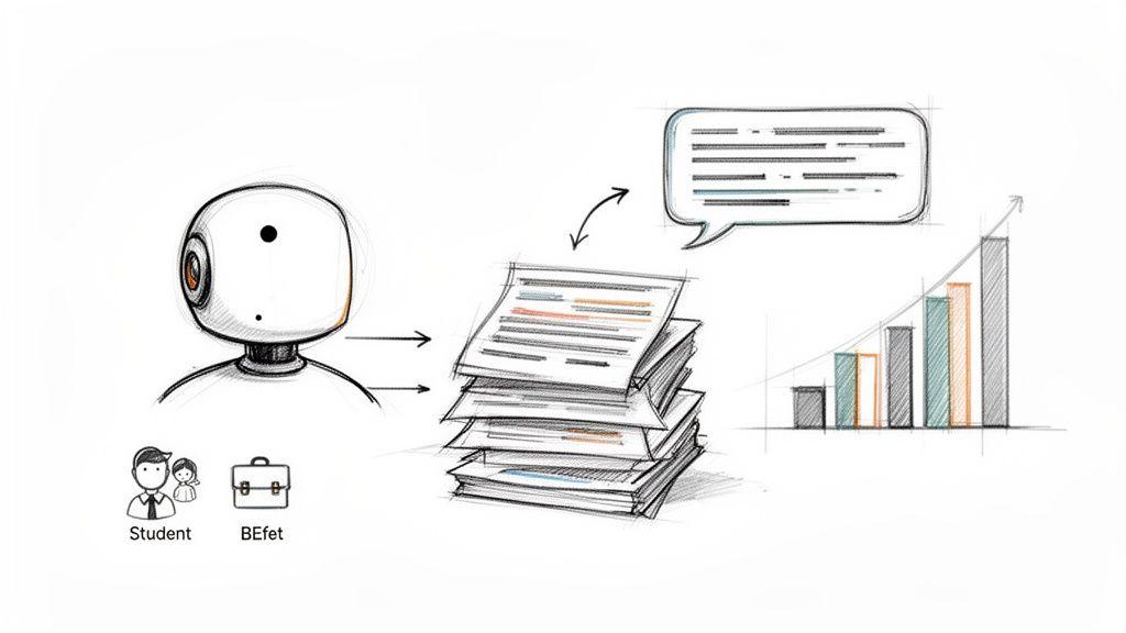Sketch diagram shows an AI system processing documents and generating insights, leading to growth.