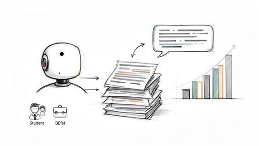 Sketch diagram shows an AI system processing documents and generating insights, leading to growth.
