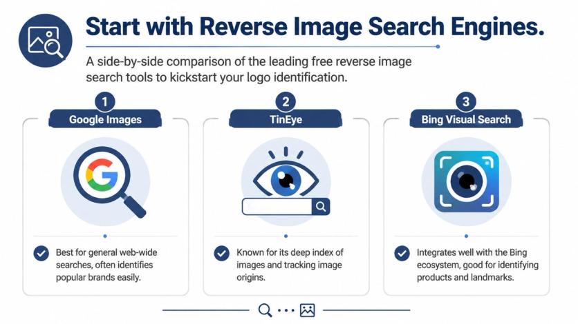 A comparison infographic featuring Google Images, TinEye, and Bing Visual Search for reverse image searching.
