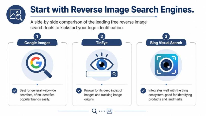 A comparison infographic featuring Google Images, TinEye, and Bing Visual Search for reverse image searching.