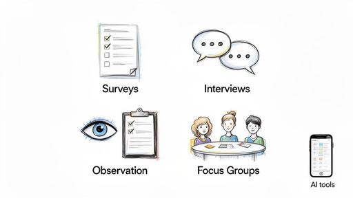 Sketches illustrating various data collection methods: surveys, interviews, observation, focus groups, and AI tools.