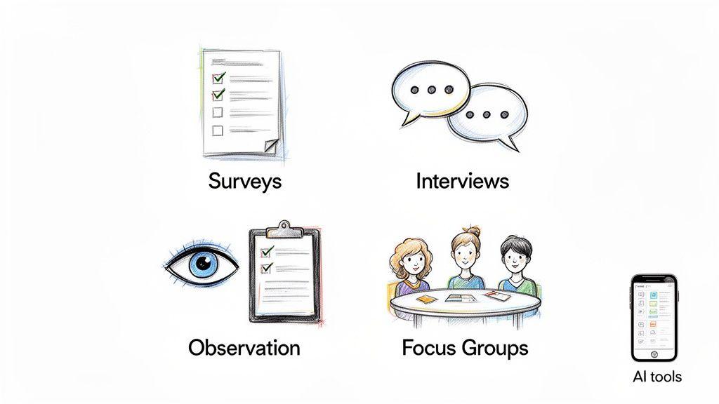 Sketches illustrating various data collection methods: surveys, interviews, observation, focus groups, and AI tools.